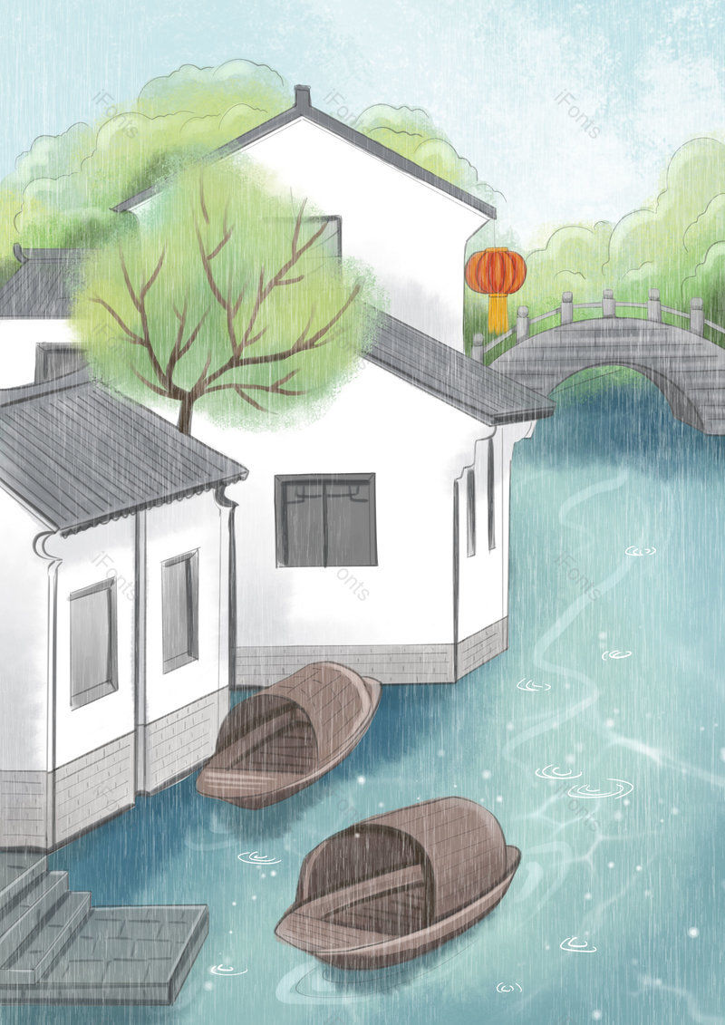 中国风国潮手绘河边建筑景点背景设计,插画/手绘图,插画/手绘图库,插画/手绘图下载,插画/手绘